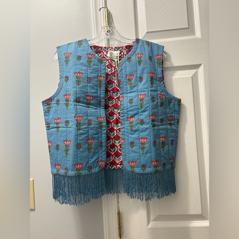 NWT EDDY Anthropologie Ashlee Vest Floral Cotton Reversible Quilted Fringe Vest